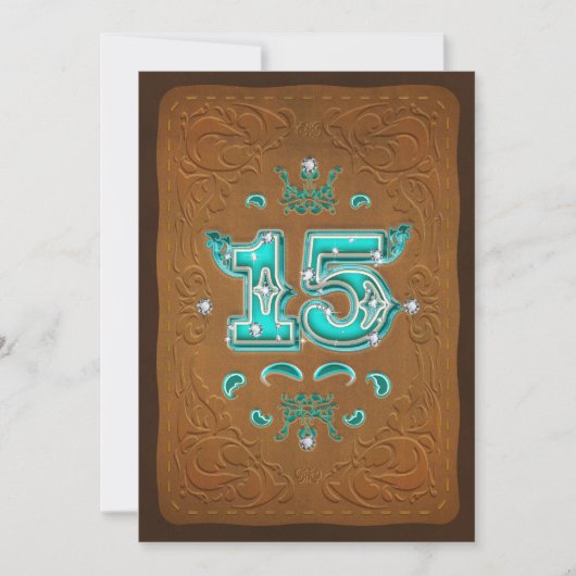Invitation Marron rustique occidental et turquoise QUINZE 15 (Devant)