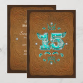 Invitation Marron rustique occidental et turquoise QUINZE 15 (Devant / Derrière)