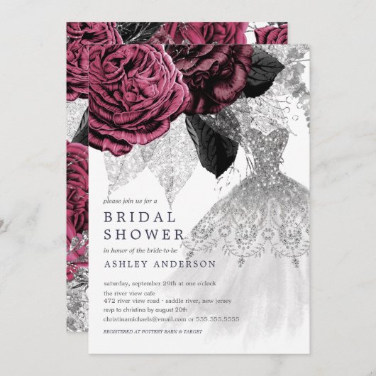 Invitation Marsala Argent Floral Mariage robe Fête des mariée (Devant / Derrière)