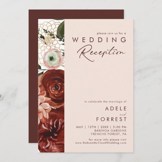 Invitation Marsala Automne Floral | Réception de mariage rose (Devant / Derrière)