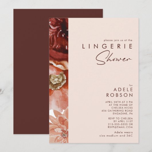 Invitation Marsala Autumn Floral | Douche Lingerie Blanche (Devant / Derrière)