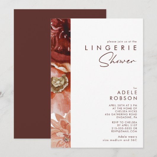 Invitation Marsala Autumn Floral | Douche Lingerie Blanche (Devant / Derrière)