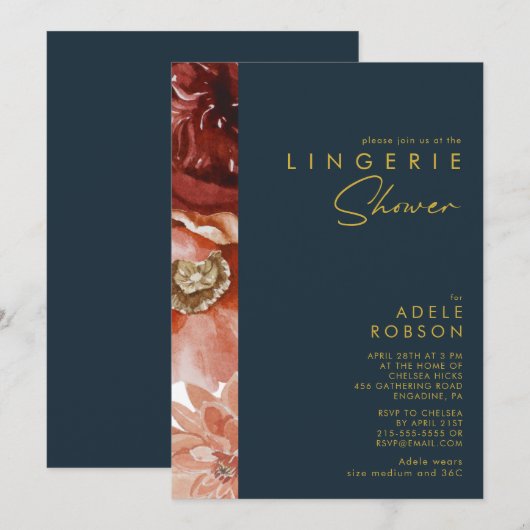 Invitation Marsala Autumn Floral | Marine Lingerie Douche (Devant / Derrière)