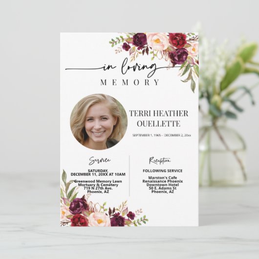 Invitation Marsala Blush Boho Photo funéraire Service commémo (Debout devant)