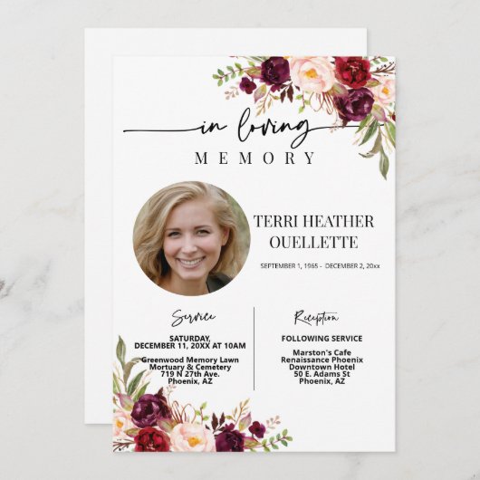 Invitation Marsala Blush Boho Photo funéraire Service commémo (Devant / Derrière)