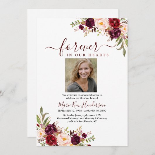 Invitation Marsala Blush Boho Service commémoratif Funéraille (Devant / Derrière)