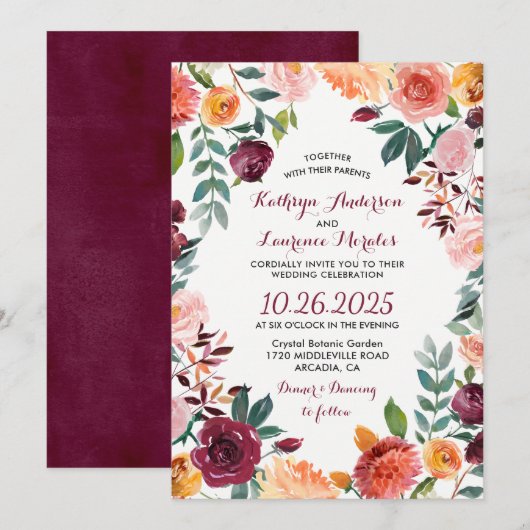 Invitation Marsala Blush rose Mariage de fleurs botaniques (Devant / Derrière)
