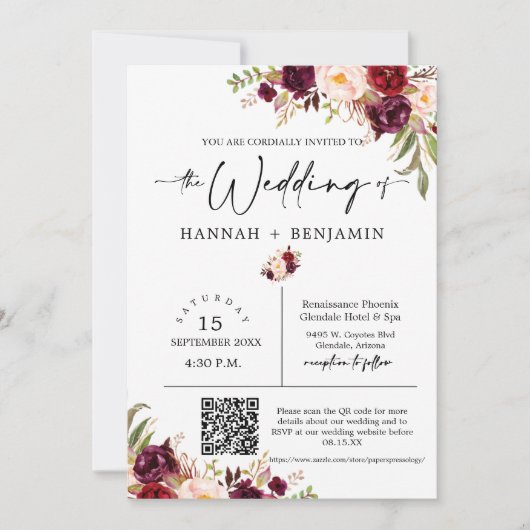 Invitation Marsala Boho Mariage Moderne Minimal QR Code Photo (Devant)