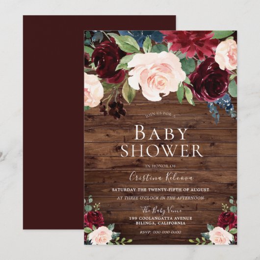 Invitation Marsala Bourgogne Baby shower rustique rouge et bl (Devant / Derrière)