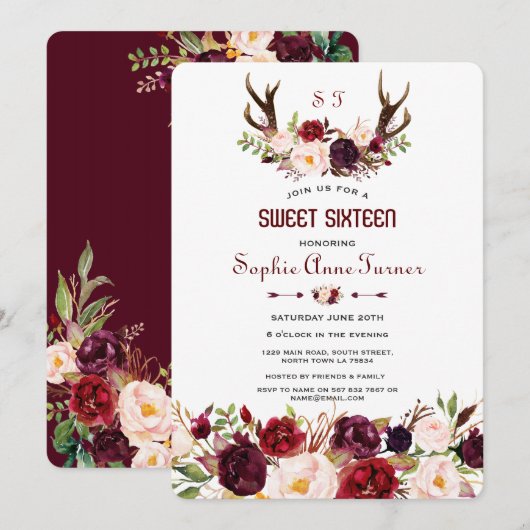 Invitation Marsala Bourgogne Floral Antlers Monogram Sweet 16 (Devant / Derrière)