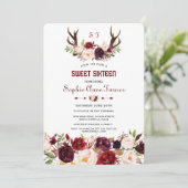 Invitation Marsala Bourgogne Floral Antlers Monogram Sweet 16 (Debout devant)