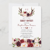 Invitation Marsala Bourgogne Floral Antlers Monogram Sweet 16 (Devant)
