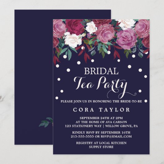 Invitation Marsala & Bourgogne Floral sur la Navy Bridal Tea  (Devant / Derrière)
