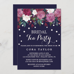 Invitation Marsala & Bourgogne Floral sur la Navy Bridal Tea