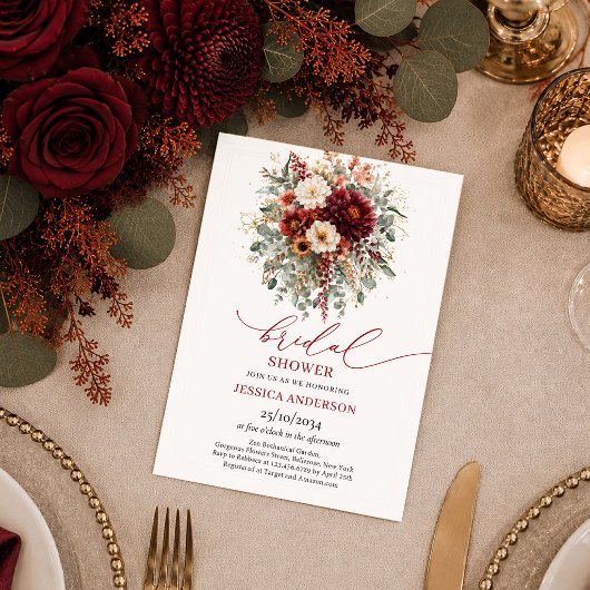 Invitation Marsala Bourgogne Or Eucalyptus douche nuptiale