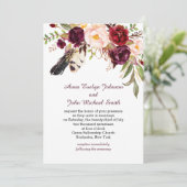 Invitation Marsala Bourgogne Roses Blanches Plumes Boho Maria (Debout devant)