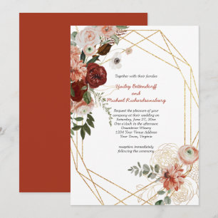 Invitation Marsala Bourgogne Triple Or Cadre Floral Mariage