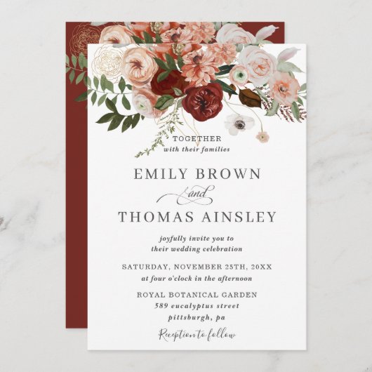 Invitation Marsala Burgundy Blush Orange Green Mariage (Devant / Derrière)