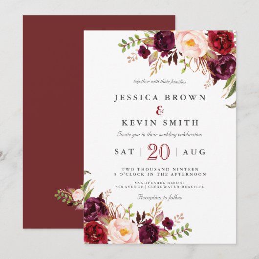 Invitation Marsala burgundy floral (Devant / Derrière)