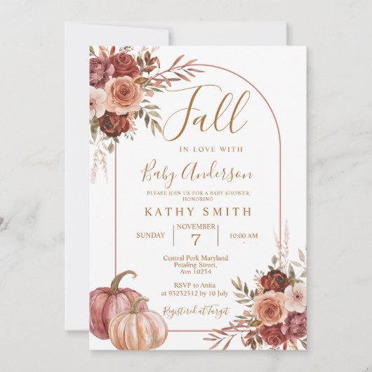 Invitation Marsala Citrouille Arch Fall In love Baby shower (Devant)