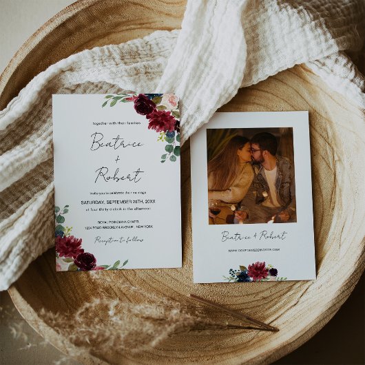 Invitation Marsala de Bourgogne et Mariage floral rose