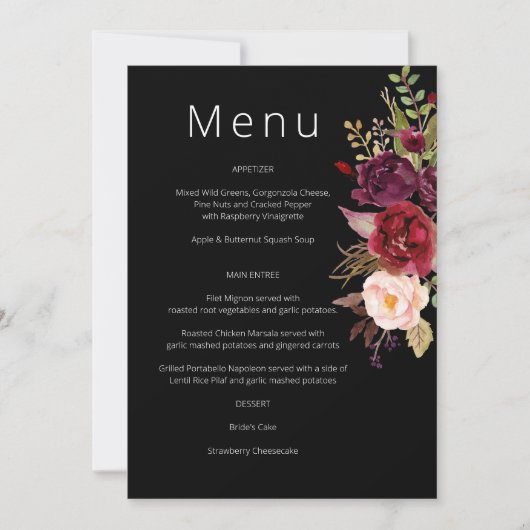 Invitation Marsala de Bourgogne et menu floral clair - Black (Devant)