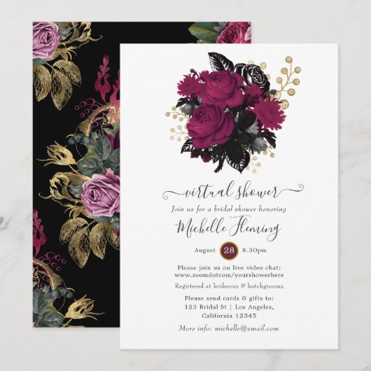 Invitation Marsala et floral doré virtuel Shower (Devant / Derrière)