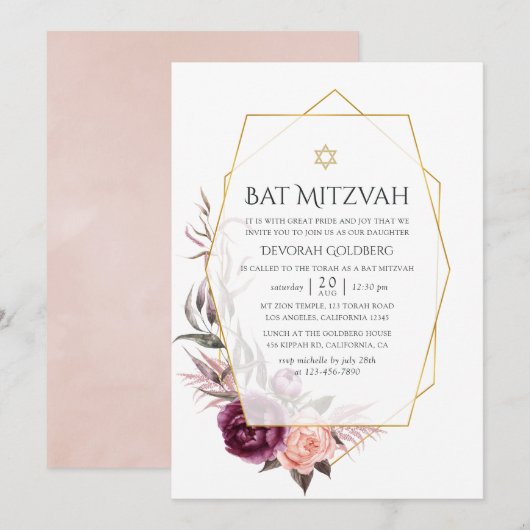 Invitation Marsala et Floral Rose Géométrique Bar Mitzvah (Devant / Derrière)