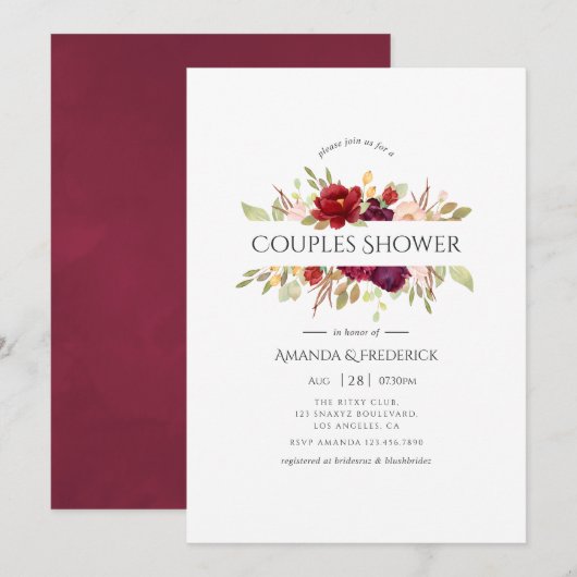 Invitation Marsala et floral rose pour un Shower de Couple (Devant / Derrière)
