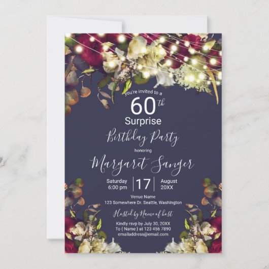 Invitation Marsala et ivoire Aquarelle Rose Surprise Party (Devant)