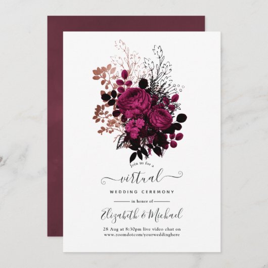 Invitation Marsala et Rose Gold Floral Mariage virtuel (Devant / Derrière)