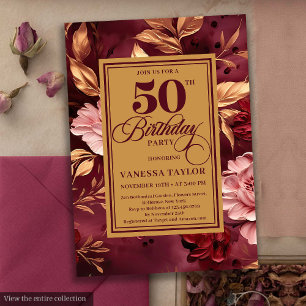 Invitation Marsala féminine blush or floral 50e anniversaire