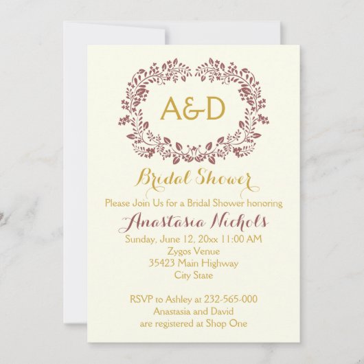 Invitation Marsala feuillage & initiales douche mariage nupti (Devant)