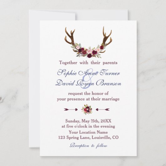 Invitation Marsala Floral Antlers Mariage de automne bleu mar (Devant)