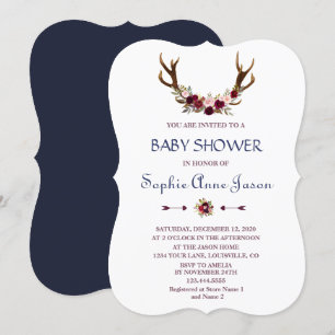 Invitation Marsala Floral Antlers Marine Baby shower Bleu Aut