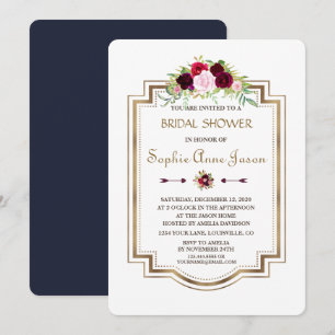 Invitation Marsala Floral Navy Blue Gold Fête des mariées de 