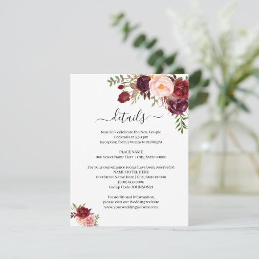 Invitation Marsala Floral Romantique Boho Chic Insert Card (Debout devant)