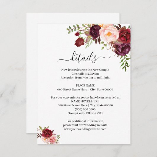 Invitation Marsala Floral Romantique Boho Chic Insert Card (Devant / Derrière)