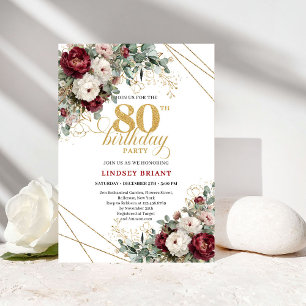 Invitation Marsala Floral Romantique Eucalyptus 80e Anniversa