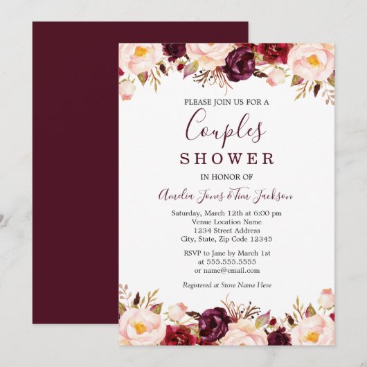 Invitation Marsala Floral Rouge Bourgogne Couples Douche (Devant / Derrière)