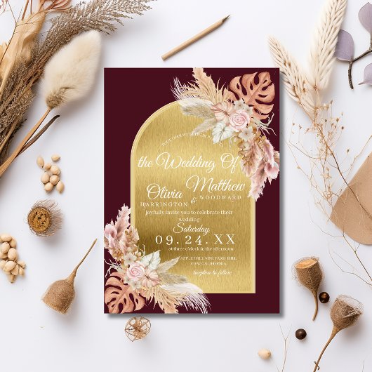 Invitation Marsala Gold Boho Mariage Pampas Fleurs