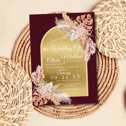 Invitation Marsala Gold Boho Mariage Pampas Fleurs