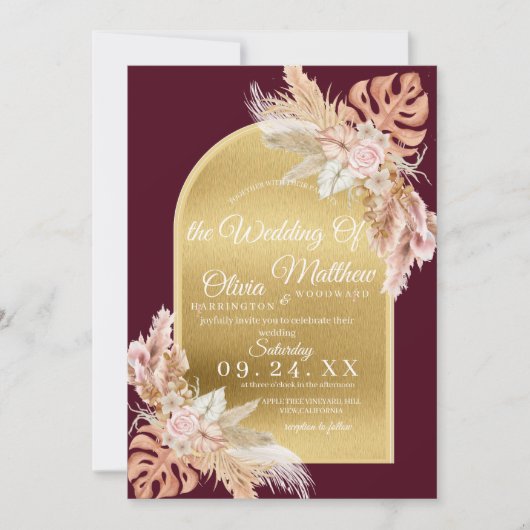 Invitation Marsala Gold Boho Mariage Pampas Fleurs (Devant)