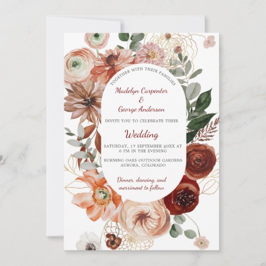 Invitation Marsala Mariage à charpente florale d'automne (Devant)