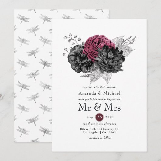 Invitation Marsala, Mariage floral noir et argent (Devant / Derrière)