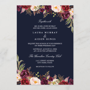 Invitation Marsala Marine Bourgogne Aquarelle Mariage Floral