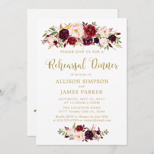 Invitation Marsala Red Autumn Gold Reply Card (Devant / Derrière)