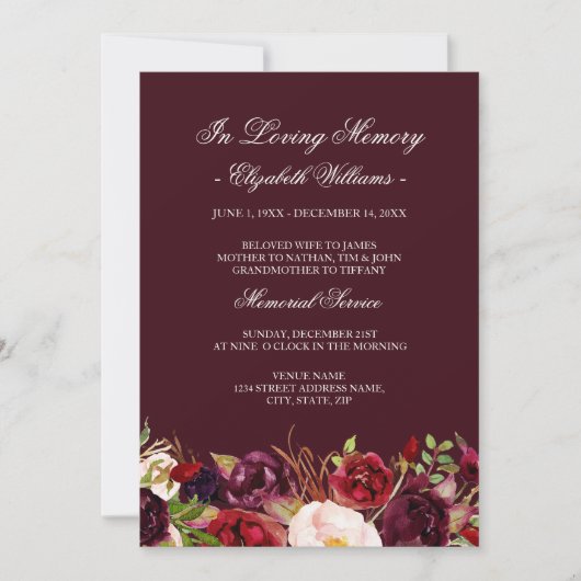 Invitation Marsala Red Burgundy Floral Memorial Service (Devant)
