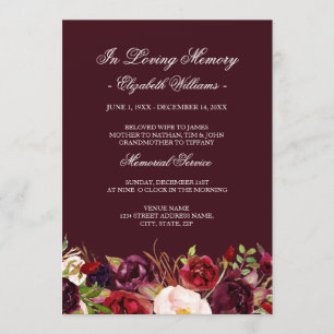 Invitation Marsala Red Burgundy Floral Memorial Service