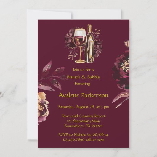 Invitation Marsala Red et Gold Peony Brunch et Bubbly (Devant)